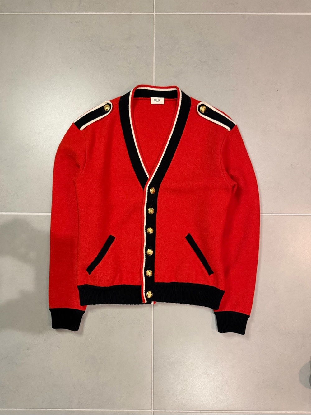 FW19 Celine Epaulette Napoleon Red Striped Cardigan Sz S